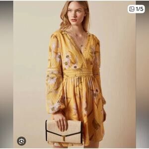 NWT Ted Baker Cabana Mini Dress Yellow Lilac Floral Sheer Sleeve Size 2 (US 6)
